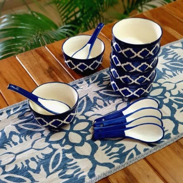 Clayful Homes Hand painting Ceramic soup bowl with spoons (300ml, set of 6, blue) - Image 4