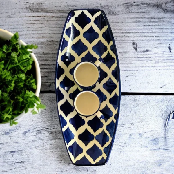 Hand-Painted Ceramic Starter/Kebab Serving Tray with Dip Bowls – 36cm of Elegance