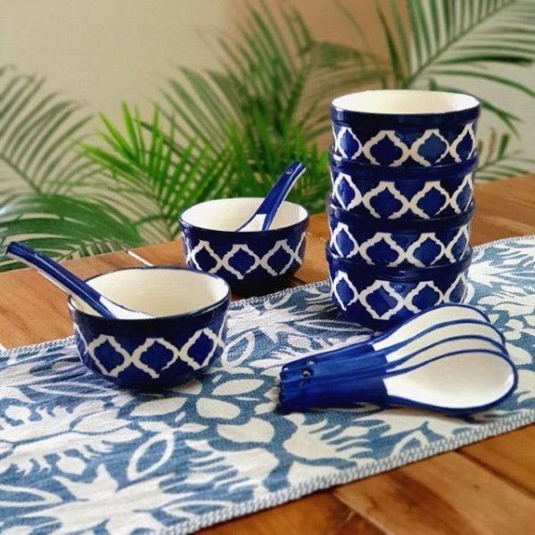 Clayful Homes Hand painting Ceramic soup bowl with spoons (300ml, set of 6, blue)