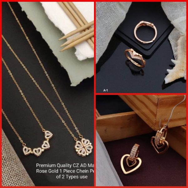 Magnetic Rose Gold one Piece Chain Pendent Of Two Type Use girls and women's &AD Stone Rose gold Free Size Finger Ring For Girls And women's (A-1) & Rose Gold Plated A.D Stylish Earrings for Women's and Girls (RK-01) (COMBO PACK OF 2 PIC & 1 PAIRS)