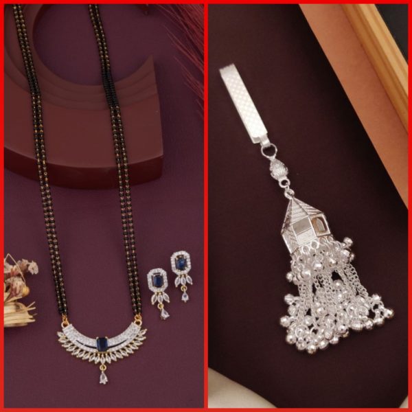 New Fancy Stylish Trendy AD Gold And Silver Plated MangalSutra With Earrings Set (1) & Silver Plated New Fancy Silver Juda Kamarbandh (1) (COMBO PACK OF 1 SET & 1 PIC)