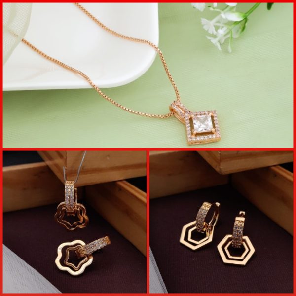 ancy Rose Gold A.D Chain Pendant For Girls And Women's (1) & Rose Gold Plated A.D Stylish Earrings for Women's and Girls (RK-05_06) (COMBO PACK OF 1 PIC & 2 PAIRS)