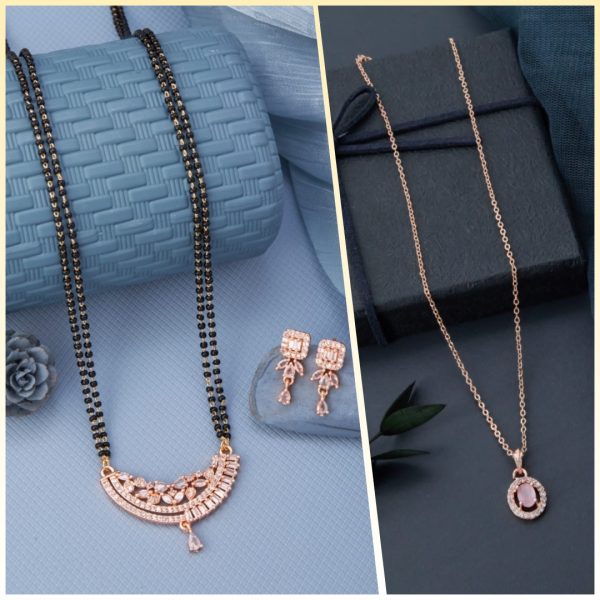 American Diamond Rose gold Pendant Butti Set Mangalsutra Earing (S.C.I_10) & Excellent Rose Gold Finished Diamond Necklace for Women And Girls (1) (COMBO PACK OF 2 PIC)