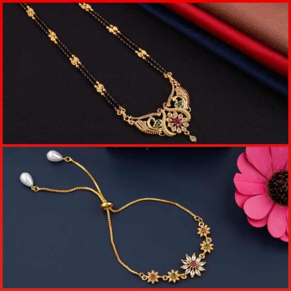 Fancy Multi Color A.D double line kidiya Mangalsutra For Women's (2) & New bracelet A.D jewellery for girls and women's (COMBO PACK OF 2 PIC)