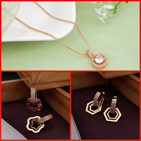 ancy Rose Gold A.D Chain Pendant For Girls And Women's (2) & Rose Gold Plated A.D Stylish Earrings for Women's and Girls (RK-05_06) (COMBO PACK OF 1 PIC & 2 PAIRS)