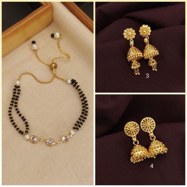 New Hand Mangalsutra Bracelet Gold plating Daily wear for girls and women's (2) & Earrings Jhumkhas New Gold Jhumka Charming Women's and Girls (RK_JE-3, JE-4) (COMBO PACK OF 1 PIC & 2 PAIRS)