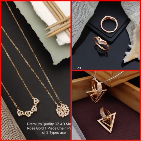 Magnetic Rose Gold one Piece Chain Pendent Of Two Type Use girls and women's &AD Stone Rose gold Free Size Finger Ring For Girls And women's (A-1) & Rose Gold Plated A.D Stylish Earrings for Women's and Girls (RK-02) (COMBO PACK OF 2 PIC & 1 PAIRS)