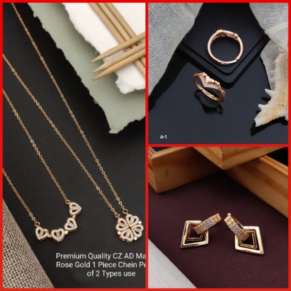 Magnetic Rose Gold one Piece Chain Pendent Of Two Type Use girls and women's &AD Stone Rose gold Free Size Finger Ring For Girls And women's (A-1) & Rose Gold Plated A.D Stylish Earrings for Women's and Girls (RK-03) (COMBO PACK OF 2 PIC & 1 PAIRS)