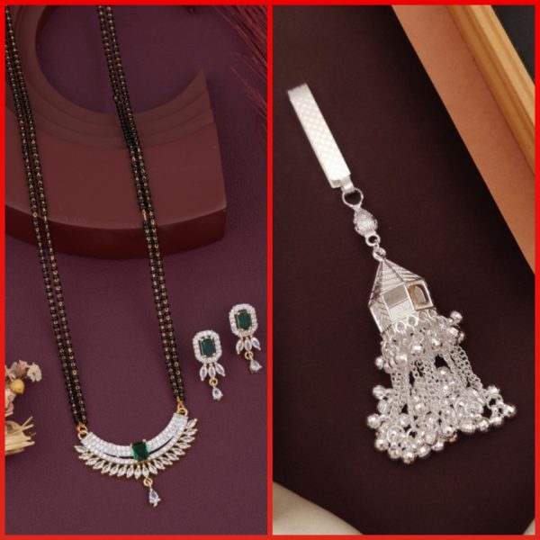 New Fancy Stylish Trendy AD Gold And Silver Plated MangalSutra With Earrings Set (3) & Silver Plated New Fancy Silver Juda Kamarbandh (1) (COMBO PACK OF 1 SET & 1 PIC)