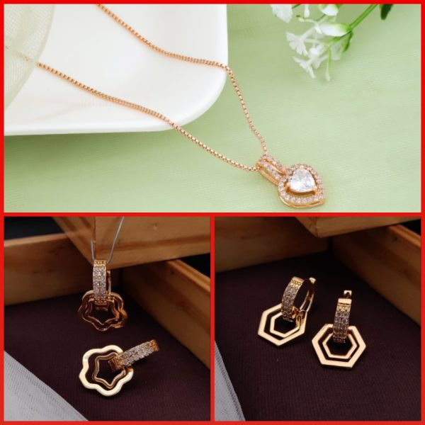 Fancy Rose Gold A.D Chain Pendant For Girls And Women's (3) & Rose Gold Plated A.D Stylish Earrings for Women's and Girls (RK-05_06) (COMBO PACK OF 1 PIC & 2 PAIRS)