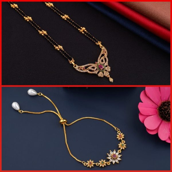 Fancy Multi Color A.D double line kidiya Mangalsutra For Women's (4) & New bracelet A.D jewellery for girls and women's (COMBO PACK OF 2 PIC)