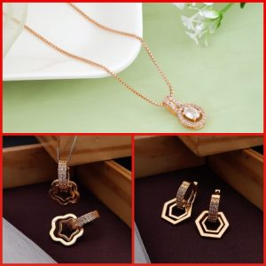 Fancy Rose Gold A.D Chain Pendant For Girls And Women's (4) & Rose Gold Plated A.D Stylish Earrings for Women's and Girls (RK-05_06) (COMBO PACK OF 1 PIC & 2 PAIRS)