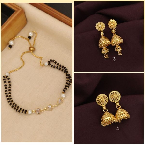 New Hand Mangalsutra Bracelet Gold plating Daily wear for girls and women's (4) & Earrings Jhumkhas New Gold Jhumka Charming Women's and Girls (RK_JE-3, JE-4) (COMBO PACK OF 1 PIC & 2 PAIRS)