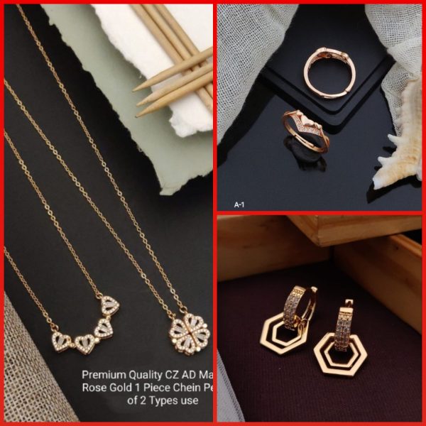 Magnetic Rose Gold one Piece Chain Pendent Of Two Type Use girls and women's &AD Stone Rose gold Free Size Finger Ring For Girls And women's (A-1) & Rose Gold Plated A.D Stylish Earrings for Women's and Girls (RK-04) (COMBO PACK OF 2 PIC & 1 PAIRS)