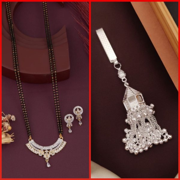 New Fancy Stylish Trendy AD Gold And Silver Plated MangalSutra With Earrings Set (4) & Silver Plated New Fancy Silver Juda Kamarbandh (1) (COMBO PACK OF 1 SET & 1 PIC)