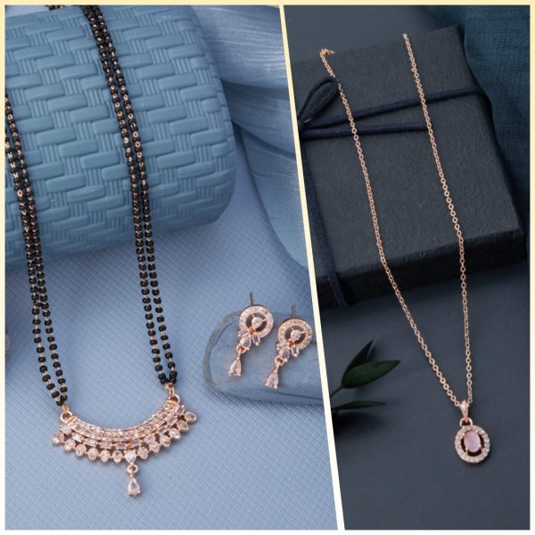 American Diamond Rose gold Pendant Butti Set Mangalsutra Earing (S.C.I_05) & Excellent Rose Gold Finished Diamond Necklace for Women And Girls (1) (COMBO PACK OF 2 PIC)