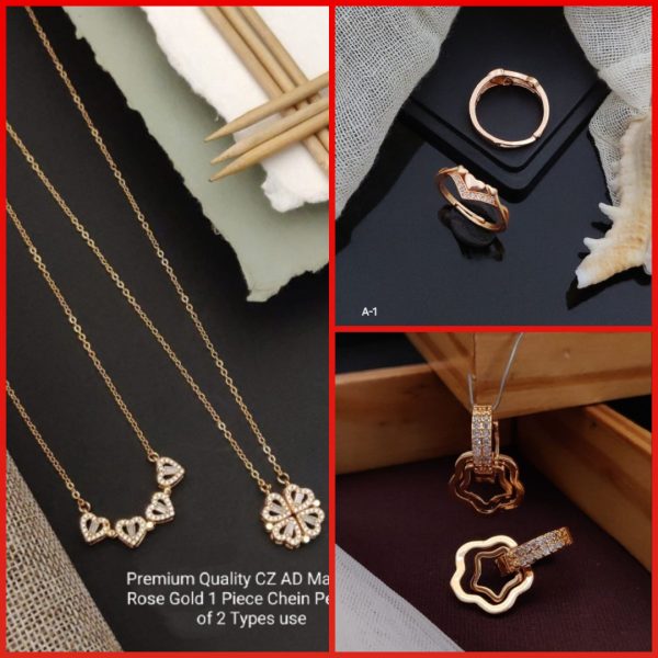 Magnetic Rose Gold one Piece Chain Pendent Of Two Type Use girls and women's &AD Stone Rose gold Free Size Finger Ring For Girls And women's (A-1) & Rose Gold Plated A.D Stylish Earrings for Women's and Girls (RK-05) (COMBO PACK OF 2 PIC & 1 PAIRS)