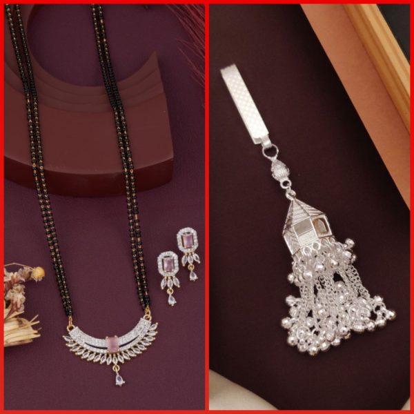 New Fancy Stylish Trendy AD Gold And Silver Plated MangalSutra With Earrings Set (5) & Silver Plated New Fancy Silver Juda Kamarbandh (1) (COMBO PACK OF 1 SET & 1 PIC)