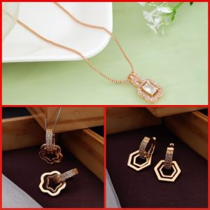 Fancy Rose Gold A.D Chain Pendant For Girls And Women's (5) & Rose Gold Plated A.D Stylish Earrings for Women's and Girls (RK-05_06) (COMBO PACK OF 1 PIC & 2 PAIRS)