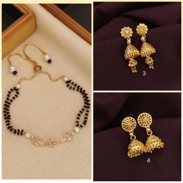 New Hand Mangalsutra Bracelet Gold plating Daily wear for girls and women's (5) & Earrings Jhumkhas New Gold Jhumka Charming Women's and Girls (RK_JE-3, JE-4) (COMBO PACK OF 1 PIC & 2 PAIRS)