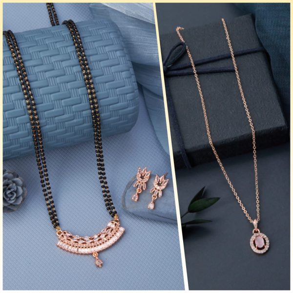 American Diamond Rose gold Pendant Butti Set Mangalsutra Earing (S.C.I_06) & Excellent Rose Gold Finished Diamond Necklace for Women And Girls (1) (COMBO PACK OF 2 PIC)