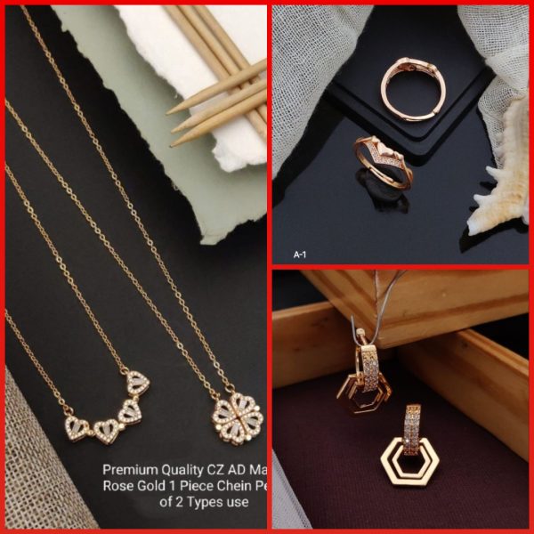 Magnetic Rose Gold one Piece Chain Pendent Of Two Type Use girls and women's &AD Stone Rose gold Free Size Finger Ring For Girls And women's (A-1) & Rose Gold Plated A.D Stylish Earrings for Women's and Girls (RK-06) (COMBO PACK OF 2 PIC & 1 PAIRS)