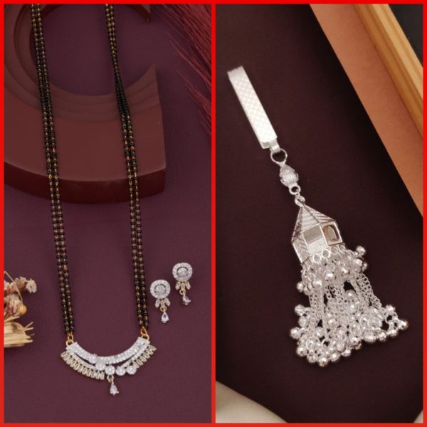 New Fancy Stylish Trendy AD Gold And Silver Plated MangalSutra With Earrings Set (6) & Silver Plated New Fancy Silver Juda Kamarbandh (1) (COMBO PACK OF 1 SET & 1 PIC)