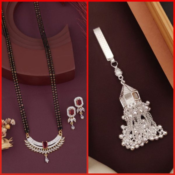 New Fancy Stylish Trendy AD Gold And Silver Plated MangalSutra With Earrings Set (7) & Silver Plated New Fancy Silver Juda Kamarbandh (1) (COMBO PACK OF 1 SET & 1 PIC)