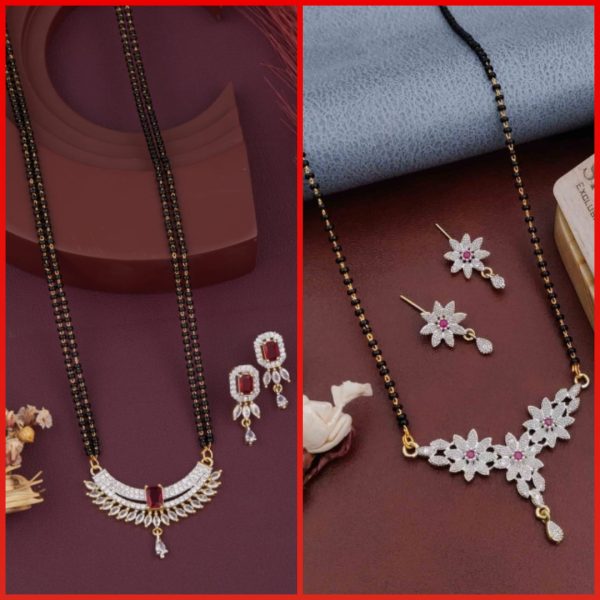 New Fancy Stylish Trendy AD Gold And Silver Plated MangalSutra With Earrings Set (7) & New Trending Stylish Daily wear Mangalsutra For Women's (1) (COMBO PACK OF 2 SET)