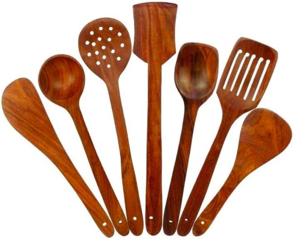 Set of 7 Kitchen Utensils Set, Wooden Cooking Utensil Set Non-Stick Pan Kitchen Tool Wooden Cooking Spoons and Spatulas Wooden Spoons for Cooking Spoon