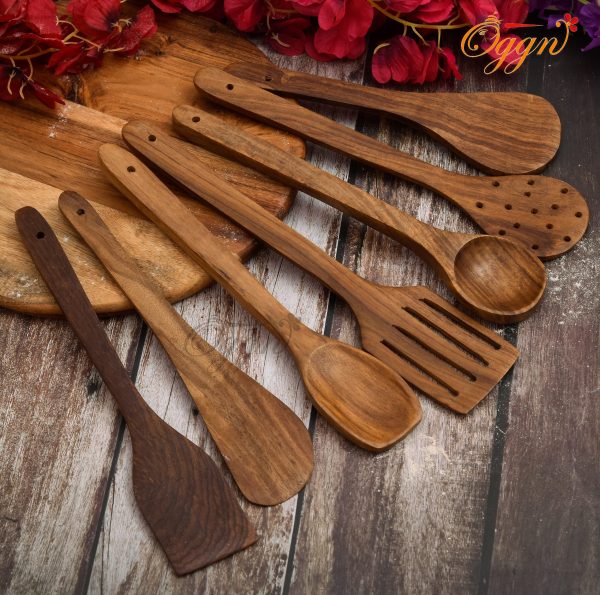 Set of 7 Kitchen Utensils Set, Wooden Cooking Utensil Set Non-Stick Pan Kitchen Tool Wooden Cooking Spoons and Spatulas Wooden Spoons for Cooking Spoon - Image 3