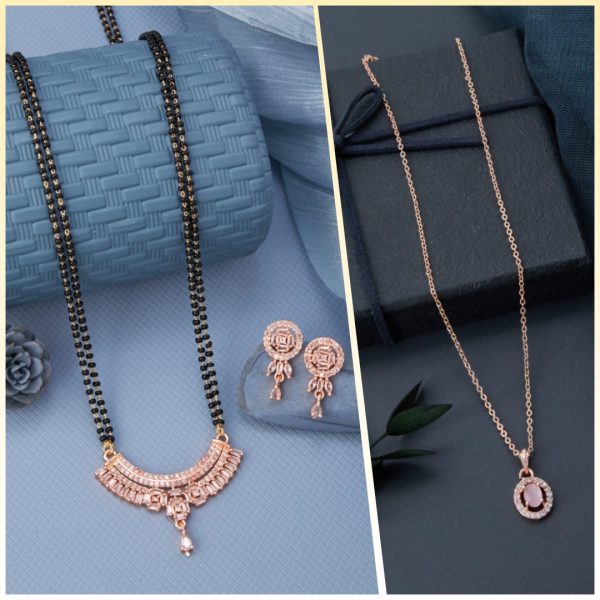 American Diamond Rose gold Pendant Butti Set Mangalsutra Earing (S.C.I_08) & Excellent Rose Gold Finished Diamond Necklace for Women And Girls (1) (COMBO PACK OF 2 PIC)