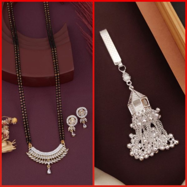 New Fancy Stylish Trendy AD Gold And Silver Plated MangalSutra With Earrings Set (8) & Silver Plated New Fancy Silver Juda Kamarbandh (1) (COMBO PACK OF 1 SET & 1 PIC)