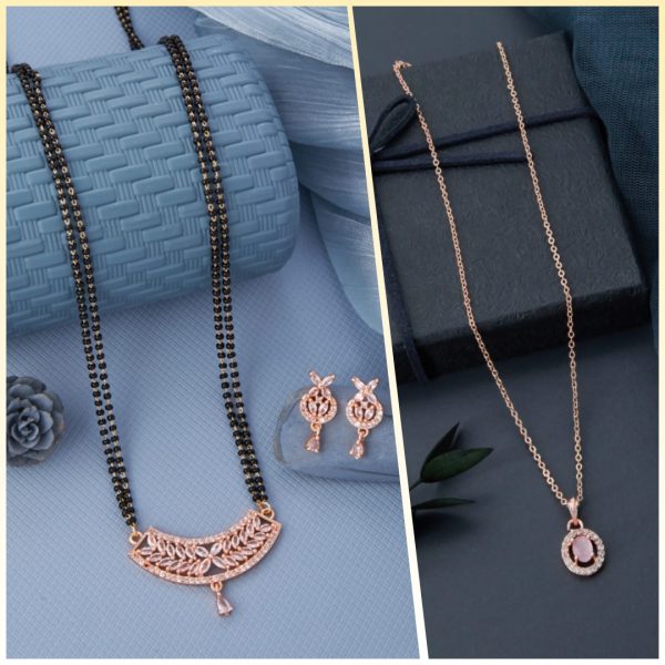 American Diamond Rose gold Pendant Butti Set Mangalsutra Earing (S.C.I_09) & Excellent Rose Gold Finished Diamond Necklace for Women And Girls (1) (COMBO PACK OF 2 PIC)