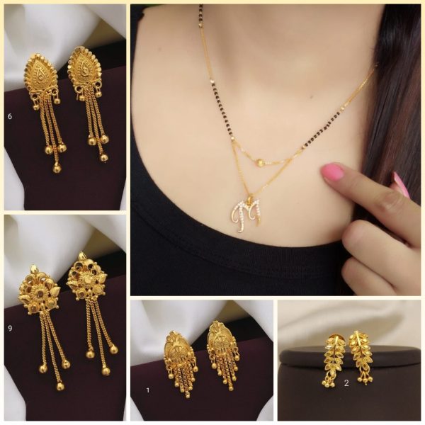 M Alphabet letter name New Gold mangalsutras for Women's & Gold Plated Earrings for Women's & Girls (RK_ G-1,G-2,G-6,G-9) (COMBO PACK OF 1 PIC & 4 PAIRS)