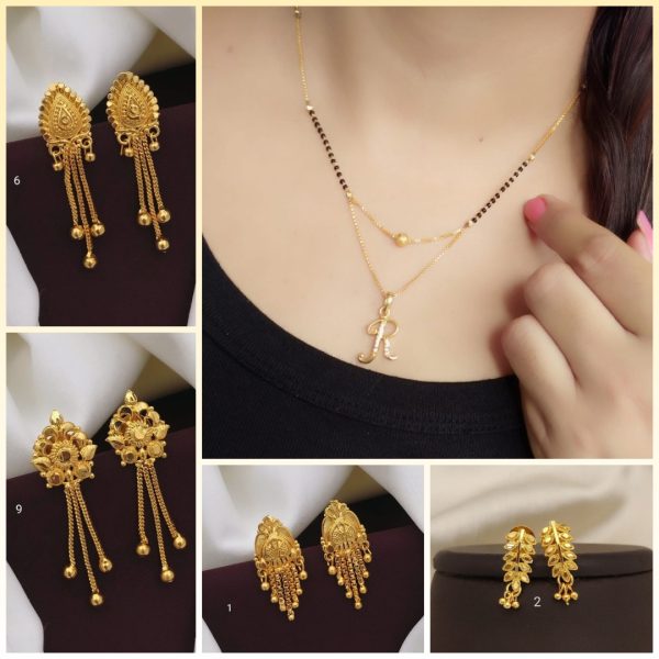 R Alphabet letter name New Gold mangalsutras for Women's & Gold Plated Earrings for Women's & Girls (RK_ G-1,G-2,G-6,G-9) (COMBO PACK OF 1 PIC & 4 PAIRS)