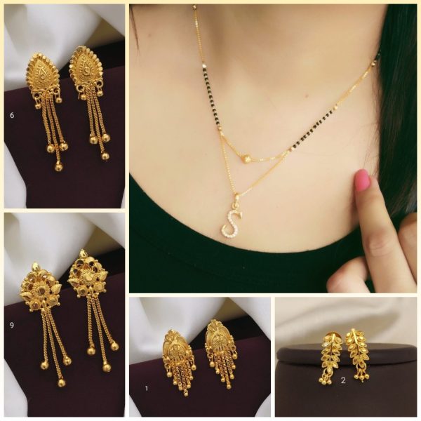 S Alphabet letter name New Gold mangalsutras for Women's & Gold Plated Earrings for Women's & Girls (RK_ G-1,G-2,G-6,G-9) (COMBO PACK OF 1 PIC & 4 PAIRS)