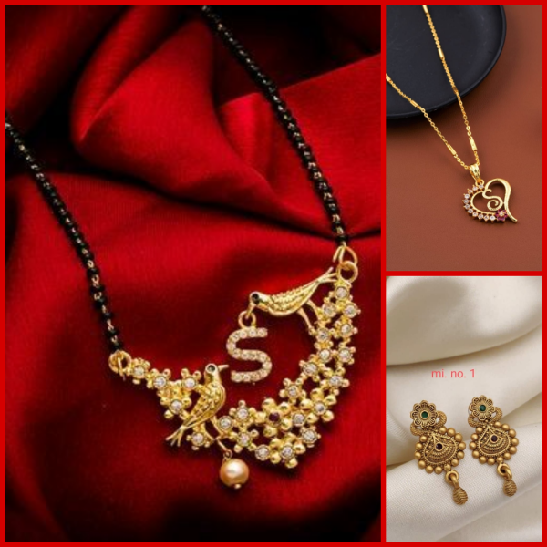 S LETTER MANGALSUTRA 18 INCH KA NECKLACE CHAIN AMERICAN AD DIAMOND For Women's & Pendal latter alphabet name gold plated chain For Women's & Fancy Gold Matt Plated Earings Studs For Girls and Women's (RK-01) (COMBO PACK OF 2 PIC & 1 PAIRS)