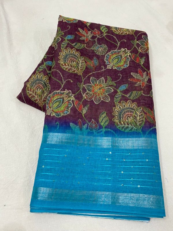 Elegant Cotton Linen Saree with Sequin Deco Lace Border - Image 5