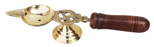 Brass Table Decor Oil Lamp Deepak With Wooden Handle (FMAS363 A)