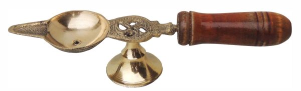 Brass Table Decor Oil Lamp Deepak With Wooden Handle (FMAS363 B)