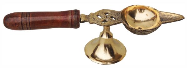 Brass Table Decor Oil Lamp Deepak With Wooden Handle (FMAS363 D)