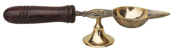 Brass Table Decor Oil Lamp Deepak With Wooden Handle (FMAS363 E)