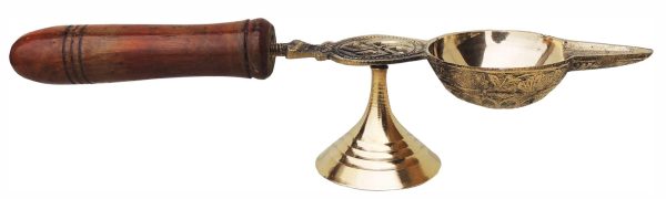 Brass Table Decor Oil Lamp Deepak With Wooden Handle (FMAS363 F)