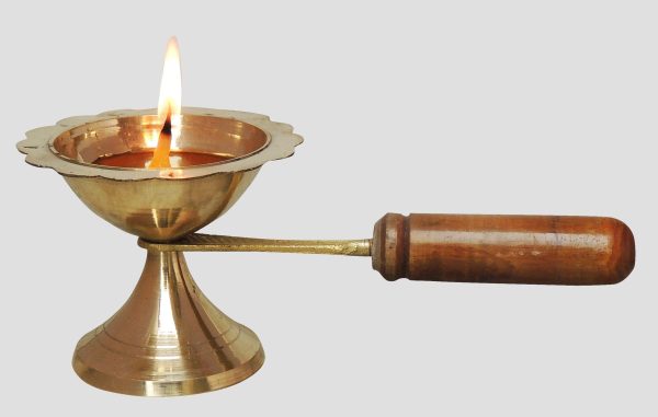 Brass Table Decor Oil Lamp Deepak With Wooden Handle (FMAS627 C)