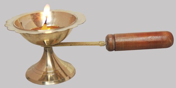 Brass Table Decor Oil Lamp Deepak With Wooden Handle (FMAS627 D)